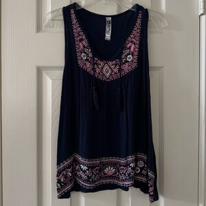 Beautees Sleeveless Embroidered Floral Top Navy  Girls L